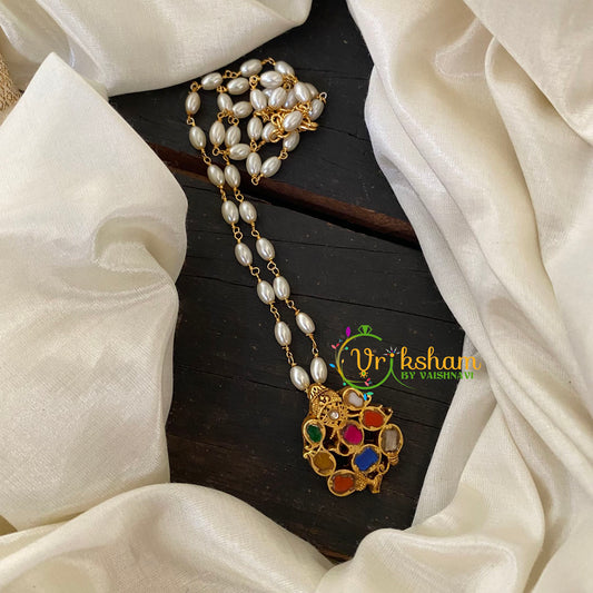 Exquisite Jadau Kundan Navarathna Ganesh Pendant Pearl Mala-J762