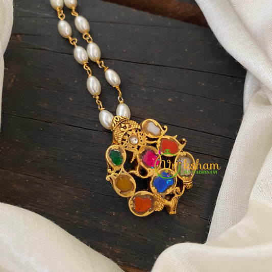 Exquisite Jadau Kundan Navarathna Ganesh Pendant Pearl Mala-J762