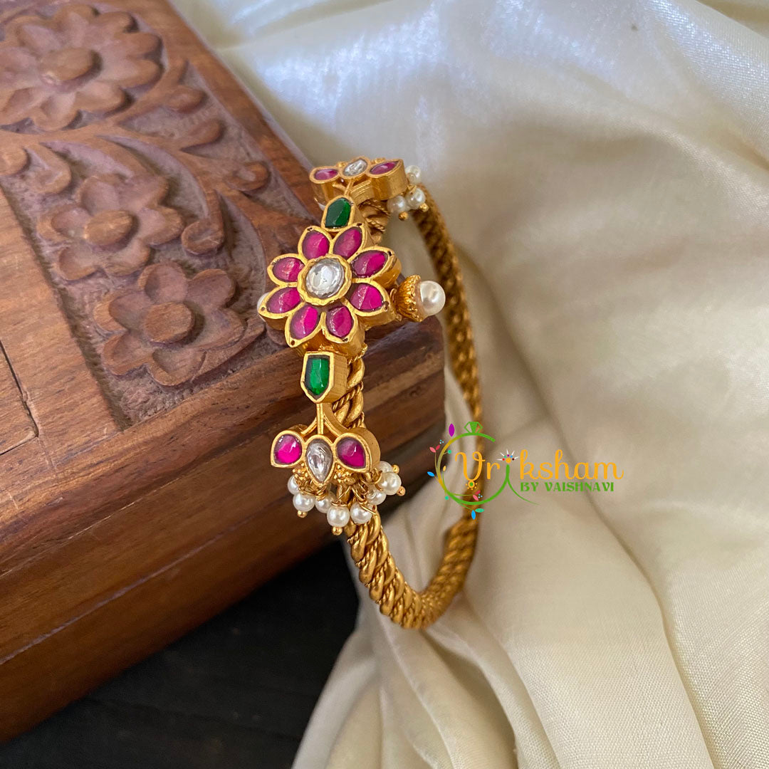 Precious Kundan Jadau Kada Bangle-Floral Pearl-Green Red -J735