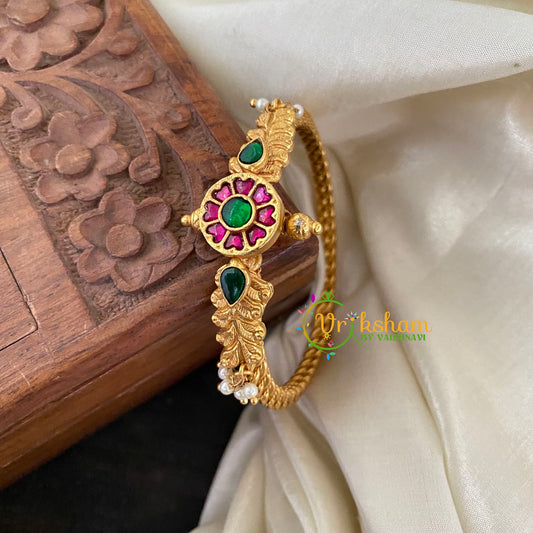 Precious Kundan Jadau Kada Bangle-Floral Pearl-Green Red -J734