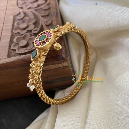 Precious Kundan Jadau Kada Bangle-Floral Pearl-Green Red -J734