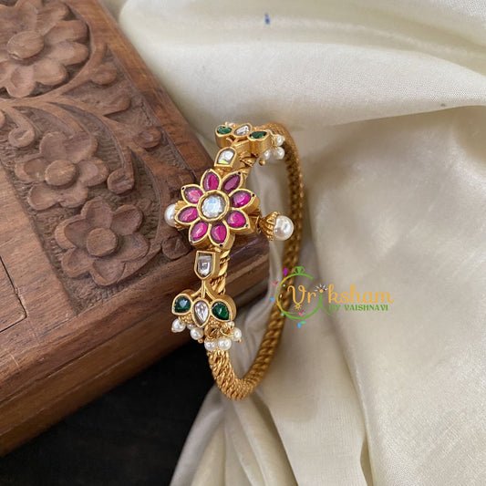 Precious Kundan Jadau Kada Bangle-Floral Pearl-Green Red -J733