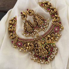 Precious Jadau Kundan Temple Short Neckpiece- Gold Bead and Pearl-J722