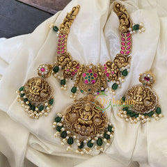 Precious Jadau Kundan Temple Short Neckpiece- Green Bead-J743