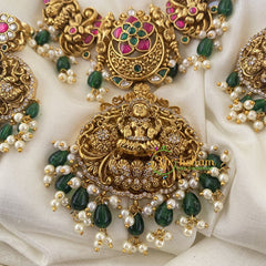 Precious Jadau Kundan Temple Short Neckpiece- Green Bead-J743