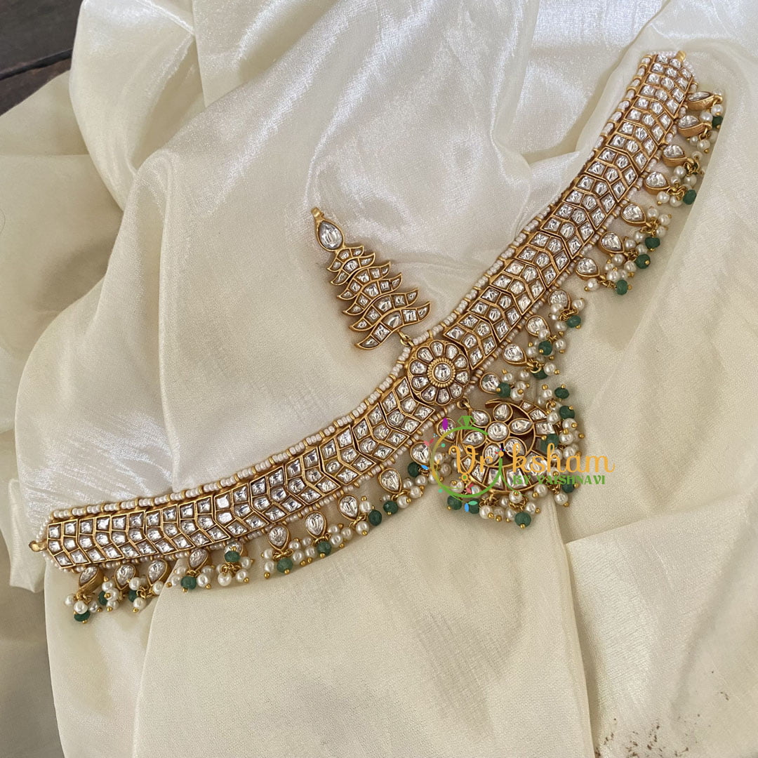 Precious Jadau Kundan Sheeshphool Maang Tikka-White-Green Bead -j760