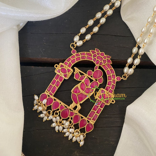 Red Jadau Kundan Krishna Pendant Pearl Malai-J533