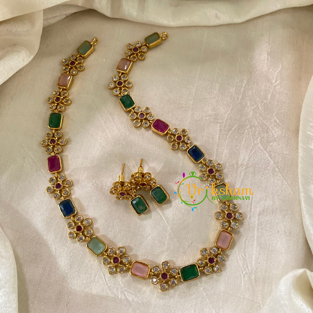 Premium AD Stone Floral Haram -Pink Blue Green-G9069