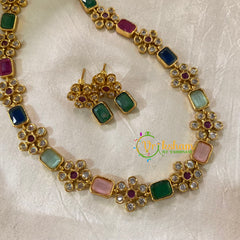 Premium AD Stone Floral Haram -Pink Blue Green-G9069