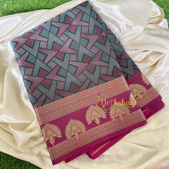 Designer Print Kora Muslin Saree- Green Purple -VS641