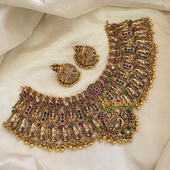 Premium Antique Temple Lakshmi Short Neckpiece-Peacock-Gold-G8007