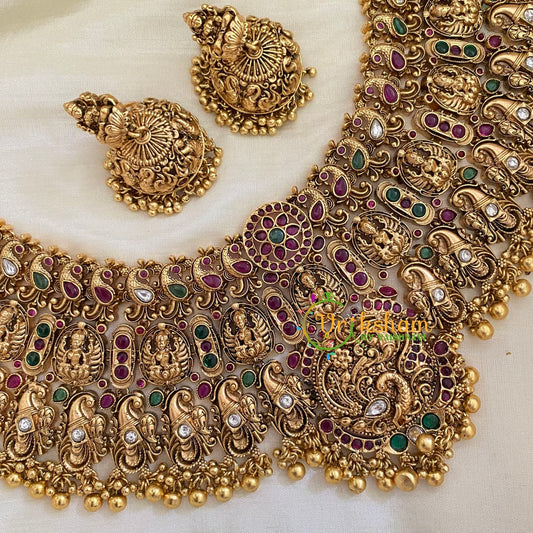 Premium Antique Temple Lakshmi Short Neckpiece-Peacock-Gold-G8007