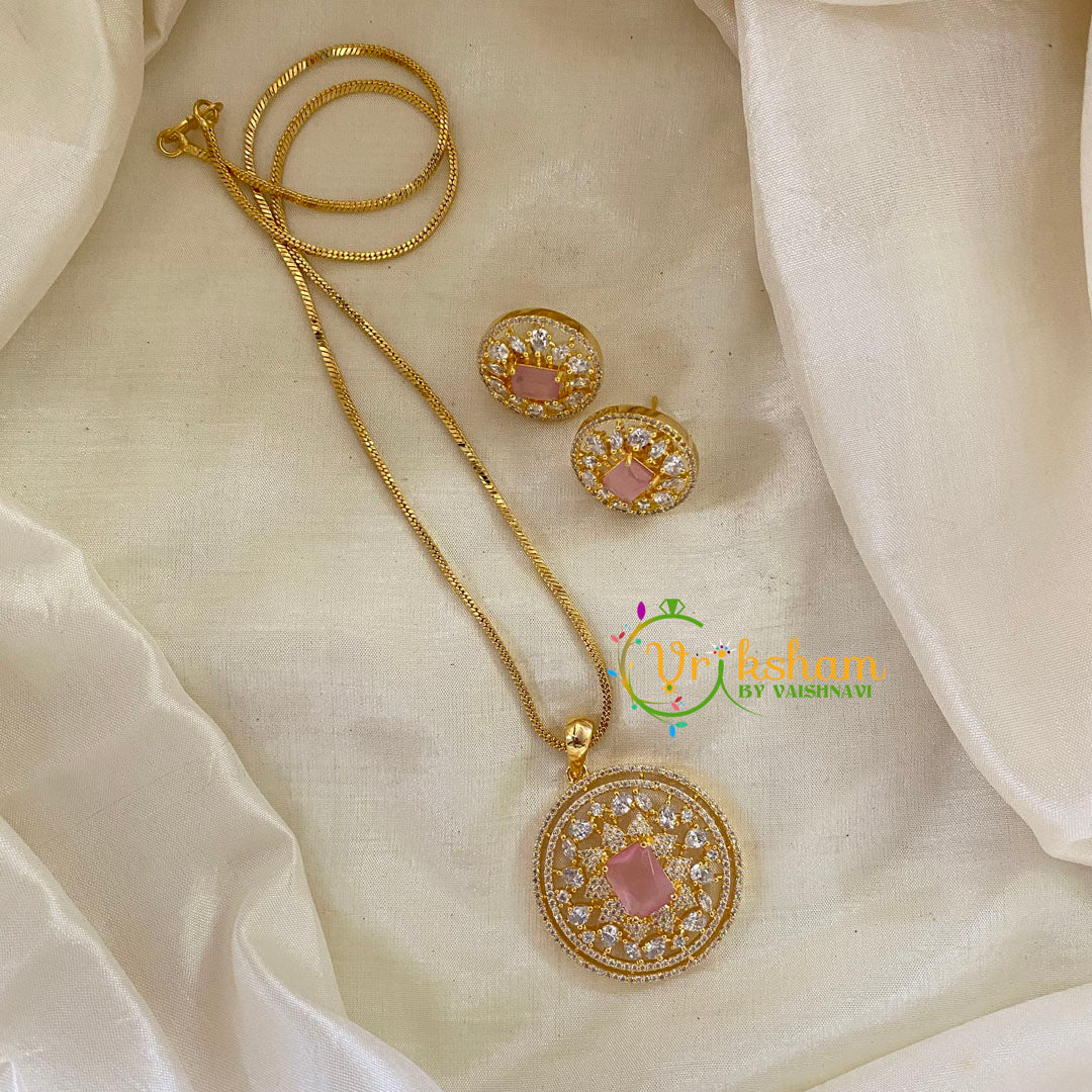 Pastel Pink Gold Look Alike AD Stone Pendant Chain-Round-G8325