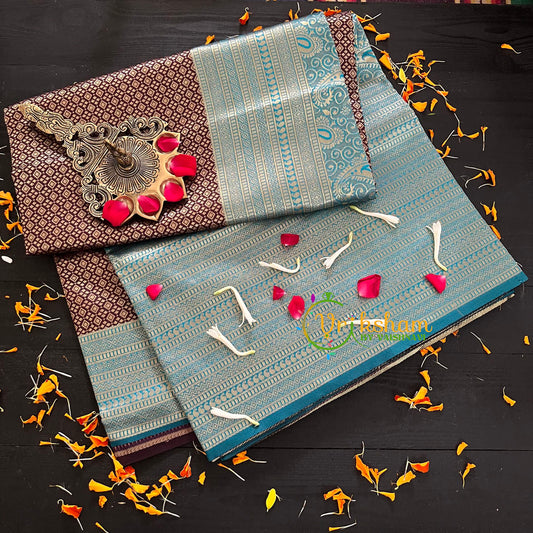 Dark Brown with Blue Border Silk Saree- Litchi Silk Saree -VS005