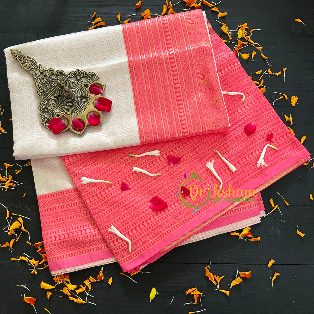 Half White Saree with Pink Border- Litchi Silk Saree -VS006