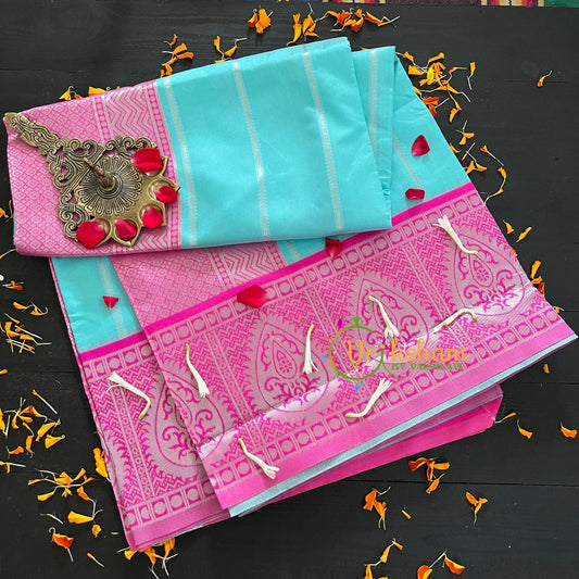 Light Blue Saree with Pink Border- Litchi Silk Saree -VS007