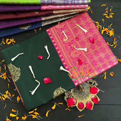 Dark Green Saree with Pink Border- Litchi Silk Saree -VS012