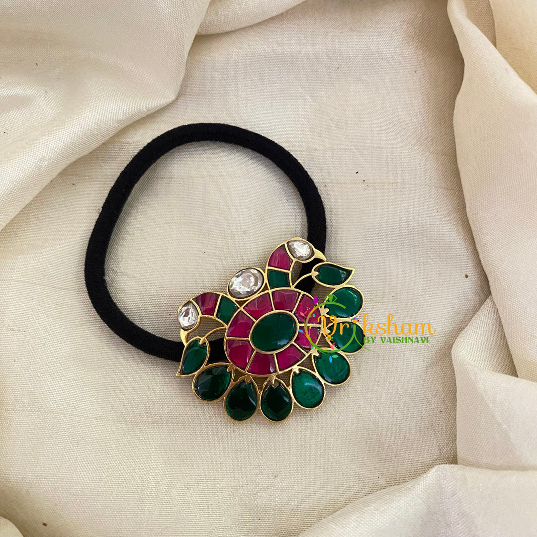 Precious Jadau Kundan Pendant Rubber Band -Dual Peacock-H507