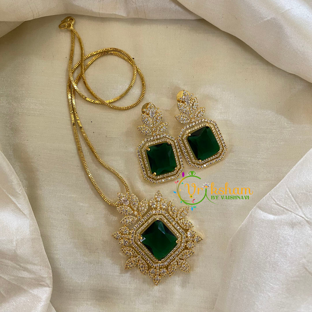 Gold Look Alike AD Stone Pendant Chain-Nakshatra-Dark Green-G8055