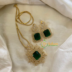 Gold Look Alike AD Stone Pendant Chain-Nakshatra-Dark Green-G8055