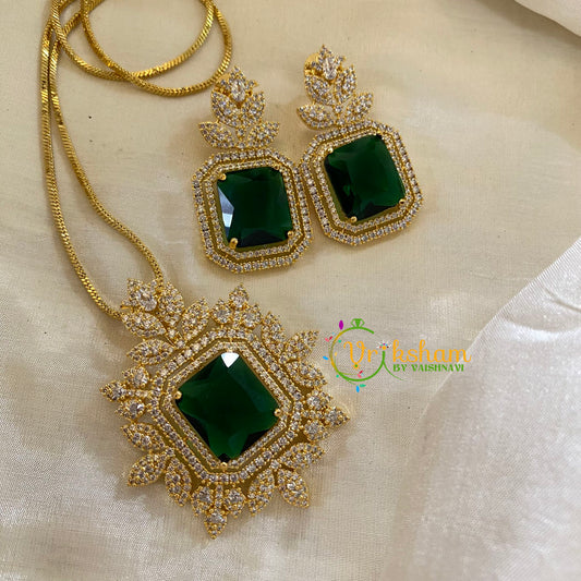 Gold Look Alike AD Stone Pendant Chain-Nakshatra-Dark Green-G8055