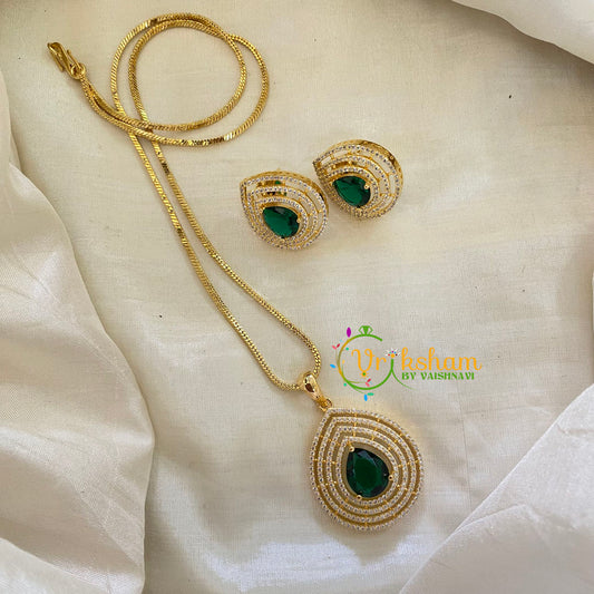 Dark Green Gold Look Alike AD Stone Pendant Chain-Tilak-G8299