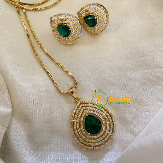 Dark Green Gold Look Alike AD Stone Pendant Chain-Tilak-G8299