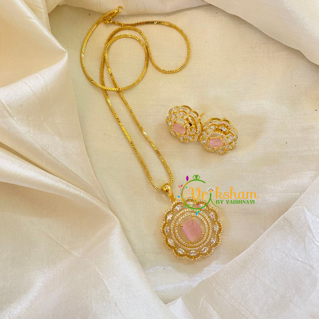 Pastel Pink Gold Look Alike AD Stone Pendant Chain-Round-G8306