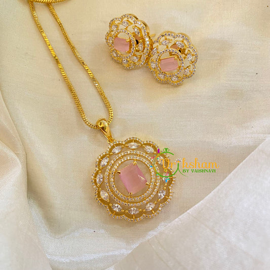 Pastel Pink Gold Look Alike AD Stone Pendant Chain-Round-G8306