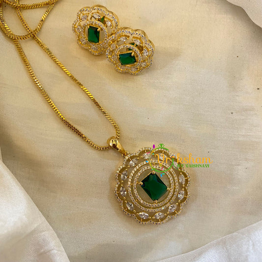 Glossy Green Gold Look Alike AD Stone Pendant Chain-Round-G8304