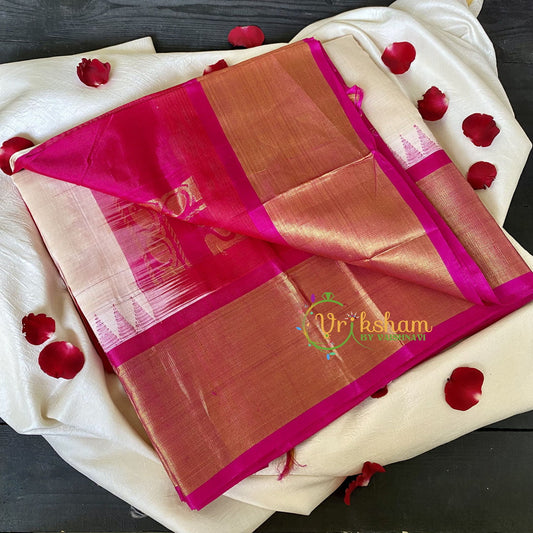 Half White Silk Cotton Saree With Pink Border -Temple Border-VS665