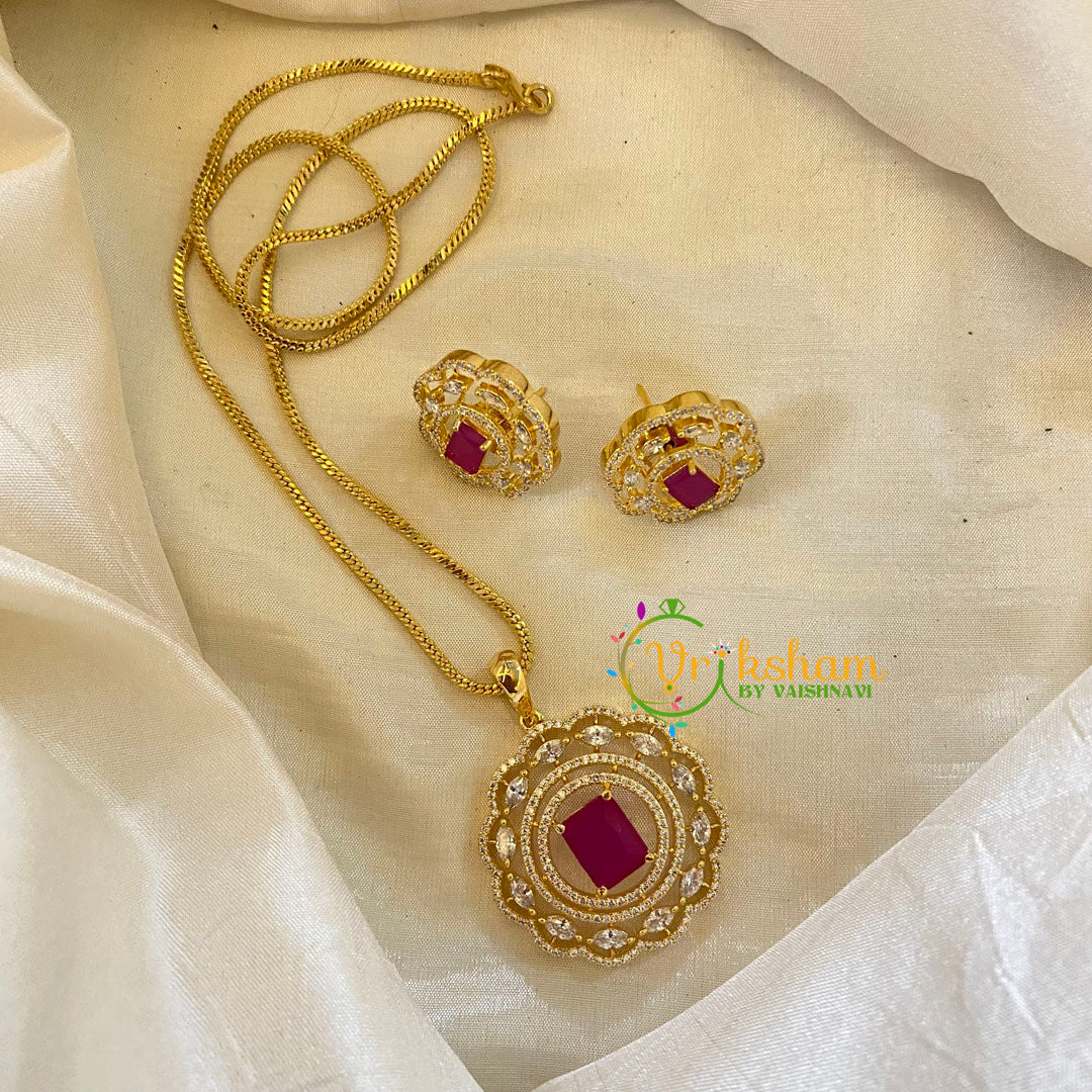 Pinkish Red Gold Look Alike AD Stone Pendant Chain-Round-G8303