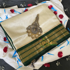 Half White Silk Cotton Saree with Dark Green Border-VS686