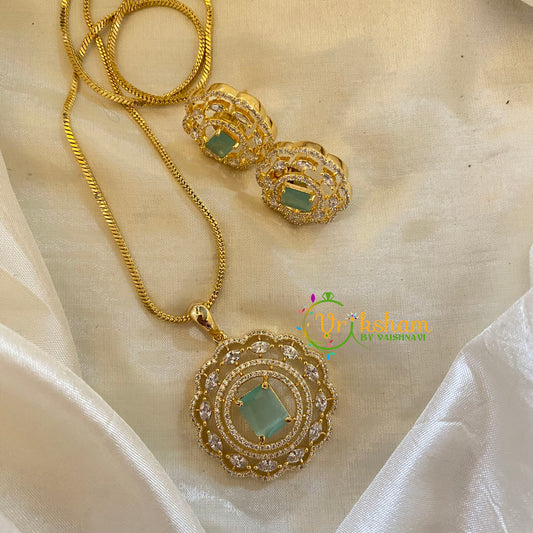 Pastel Green Gold Look Alike AD Stone Pendant Chain-Round-G8302