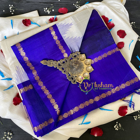 Half White Silk Cotton Saree With Bluish Violet Border-Thalampoo Border-VS669