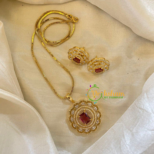 Wine Red Gold Look Alike AD Stone Pendant Chain-Round-G8301