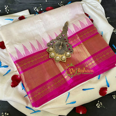 Half White Silk Cotton Saree With Pink Border -Temple Border 2-VS666