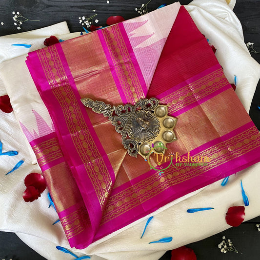 Half White Silk Cotton Saree With Pink Border -Temple Border 2-VS666