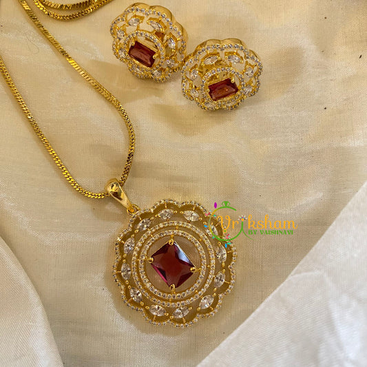 Wine Red Gold Look Alike AD Stone Pendant Chain-Round-G8301