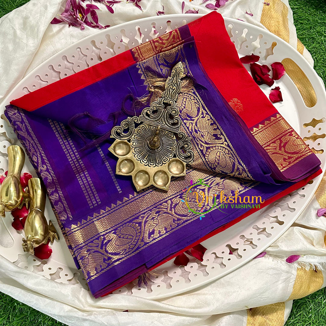 Red with Blue Silk Cotton Saree -VS1585