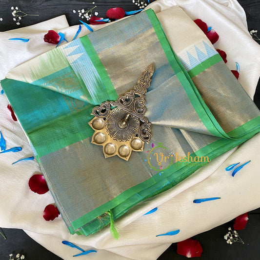 Half White Silk Cotton Saree with Aqua Green Border -VS682