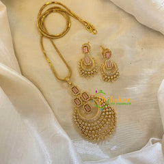 Pastel Pink Gold Look Alike AD Stone Pendant Chain-Chandbali-G8287