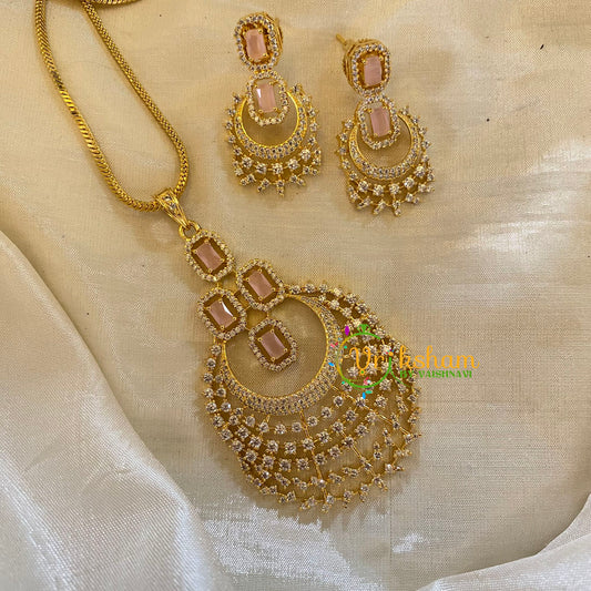 Pastel Pink Gold Look Alike AD Stone Pendant Chain-Chandbali-G8287