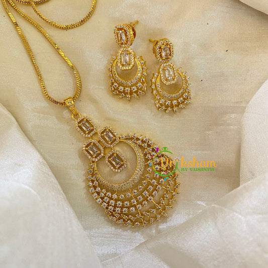 White Gold Look Alike AD Stone Pendant Chain-Chandbali-G8286