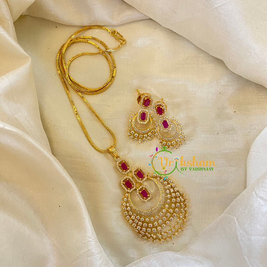 Red Gold Look Alike AD Stone Pendant Chain- Chandbali-G8289