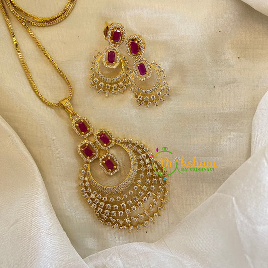 Red Gold Look Alike AD Stone Pendant Chain- Chandbali-G8289