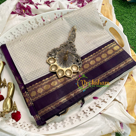 Half White with Purple Podi Kattam Silk Cotton Saree -VS1593