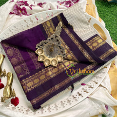 Half White with Purple Podi Kattam Silk Cotton Saree -VS1593