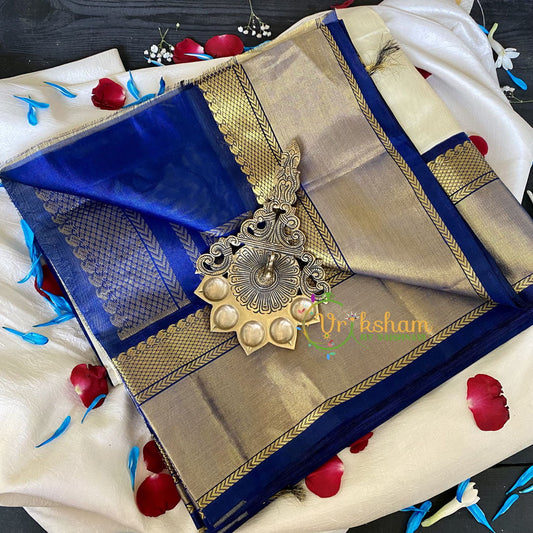 Half White Silk Cotton Saree with Dark Blue Border -VS679