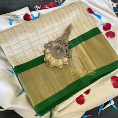 Half White Silk Cotton Saree with Green Border - 1000 Butta -VS685